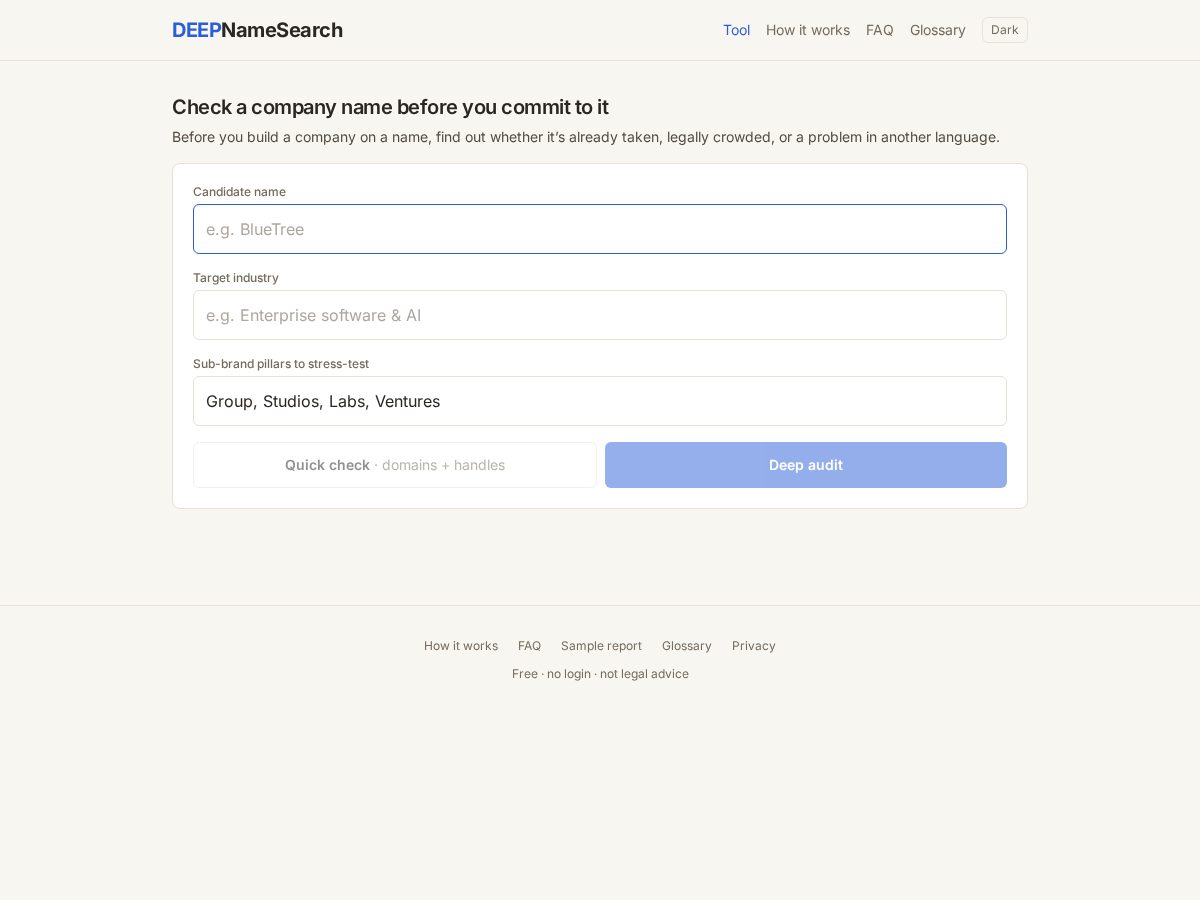Landing-page snapshot of deepnamesearch.com
