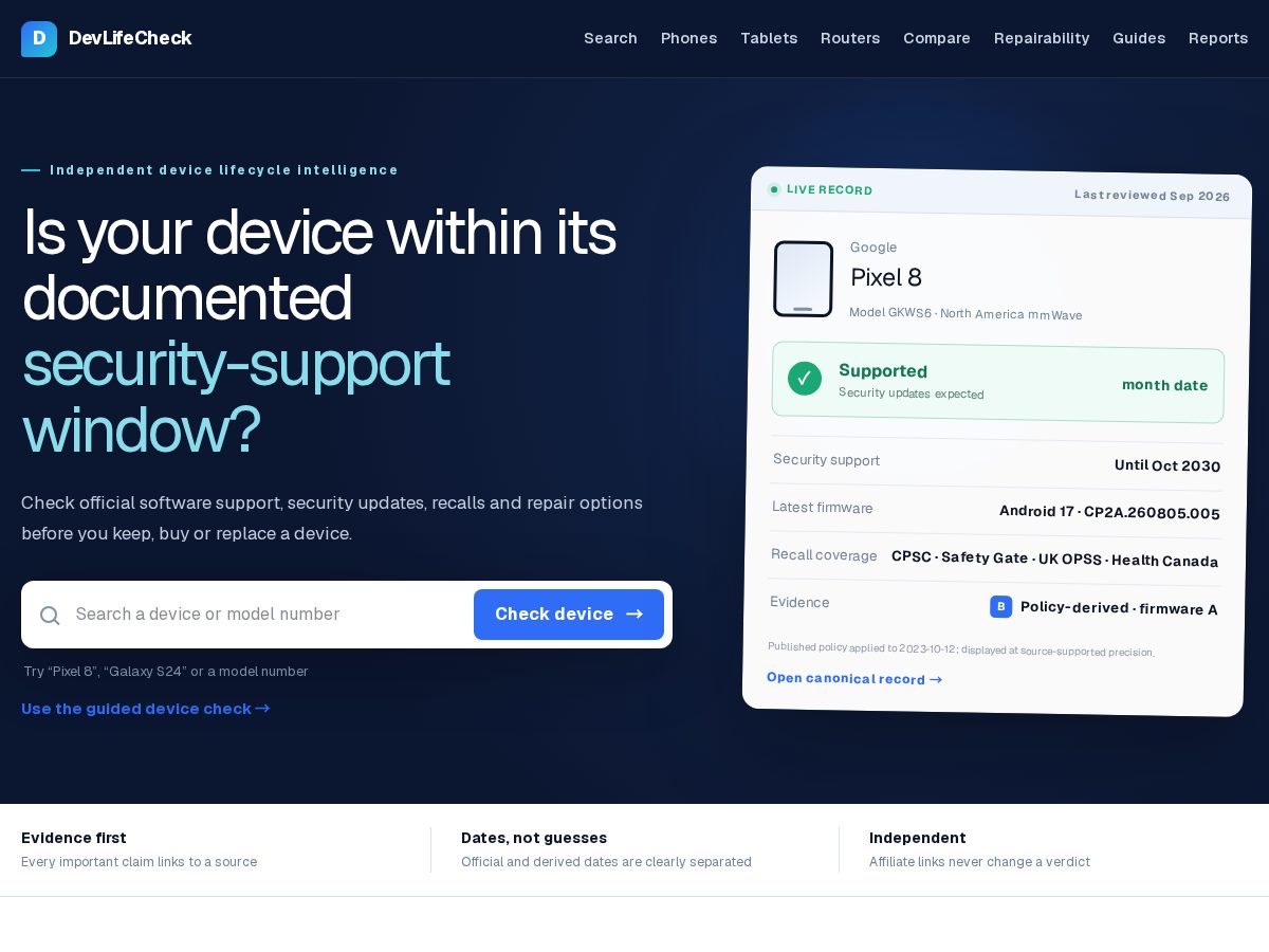 Landing-page snapshot of devlifecheck.com