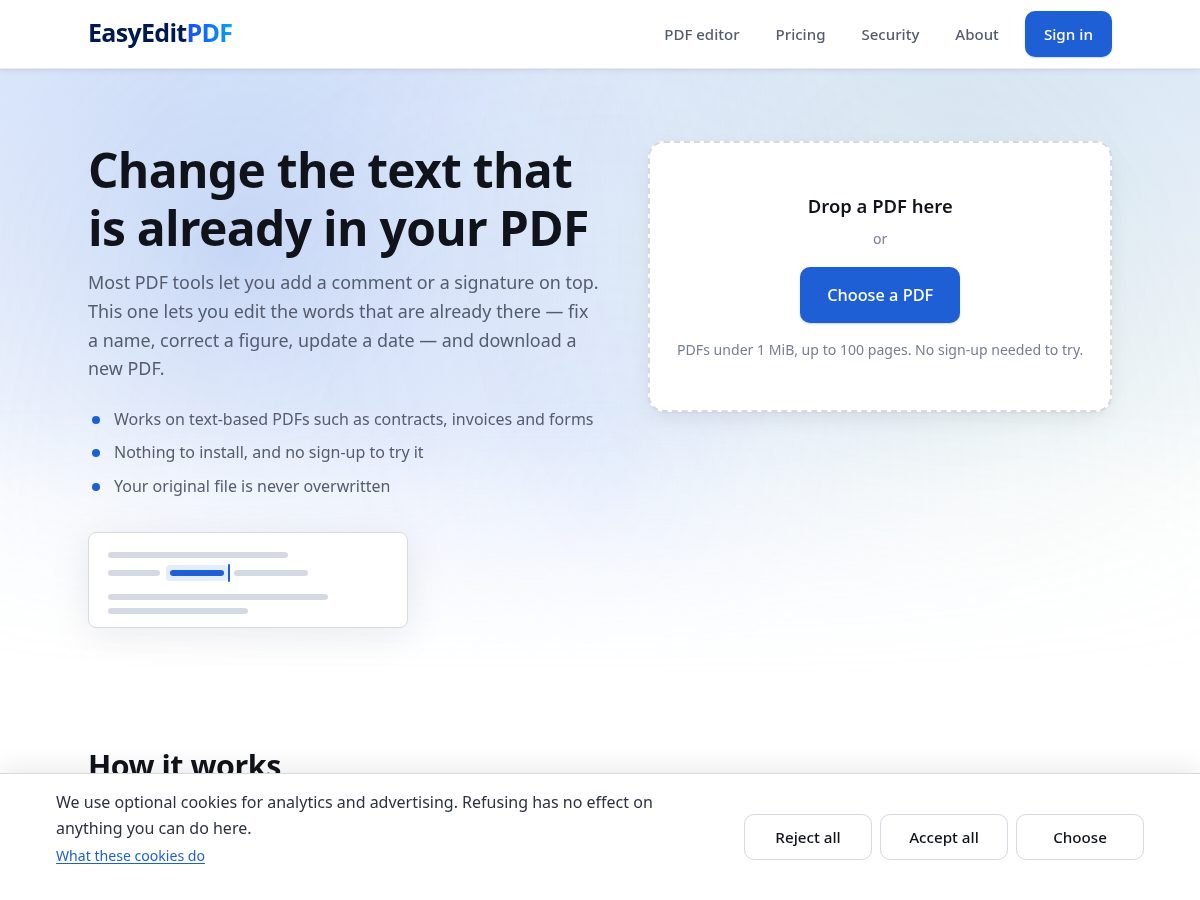 Landing-page snapshot of easyeditpdf.app