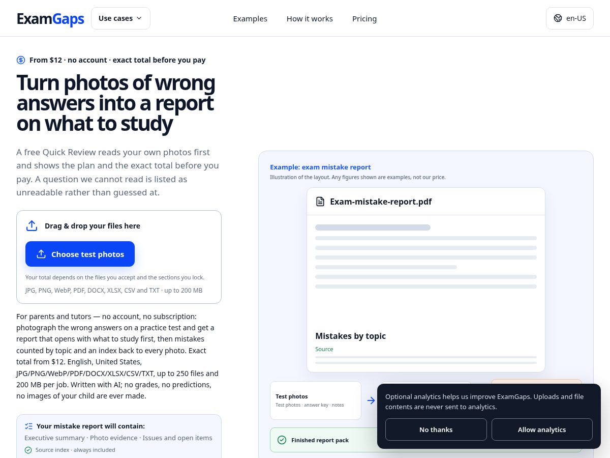 Landing-page snapshot of examgaps.com