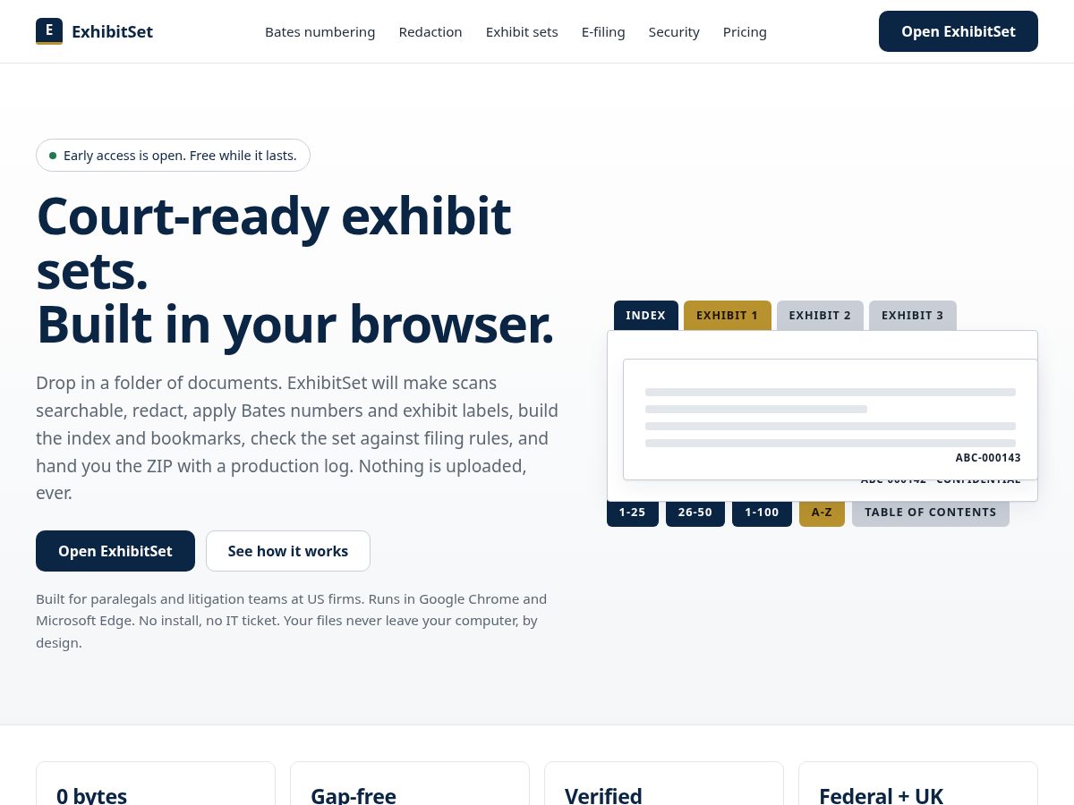 Landing-page snapshot of exhibitset.com