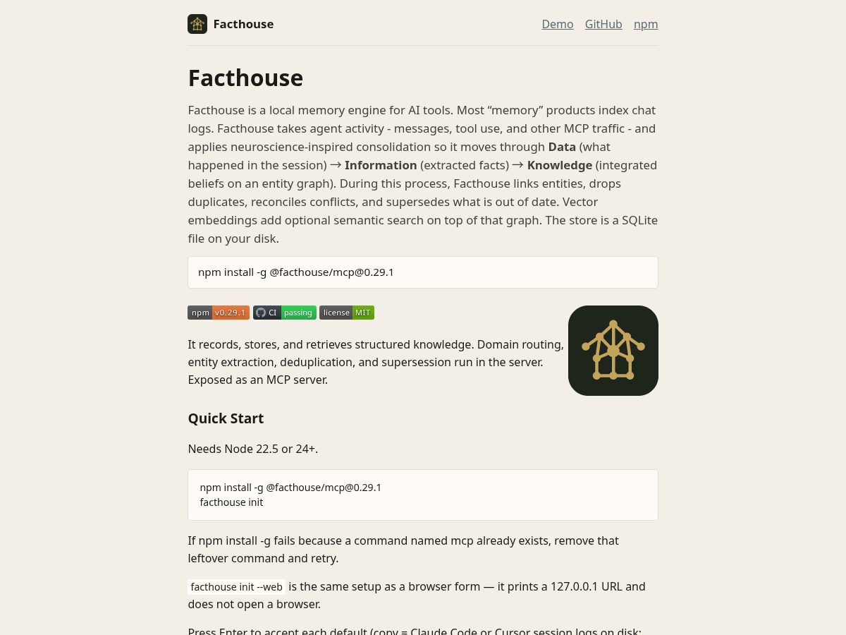 Landing-page snapshot of facthouse.dev