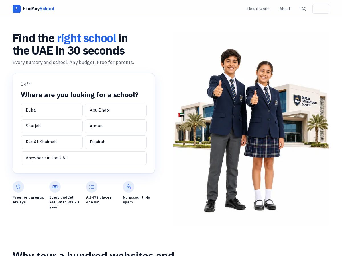 Landing-page snapshot of findanyschool.com