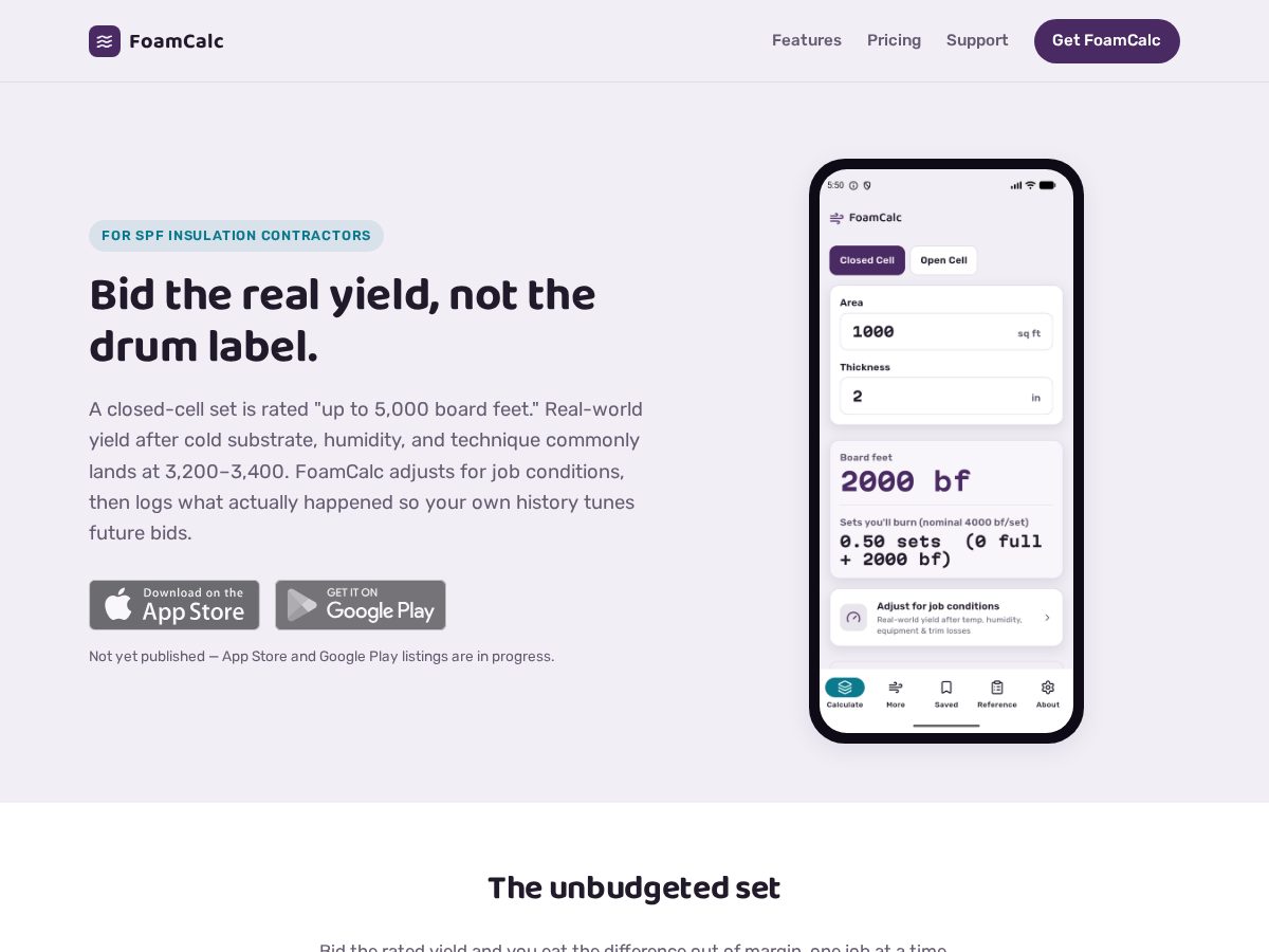 Landing-page snapshot of foamcalc.com