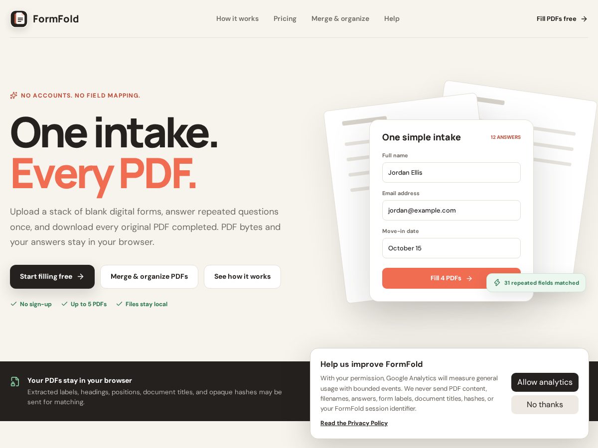 Landing-page snapshot of formfold.app