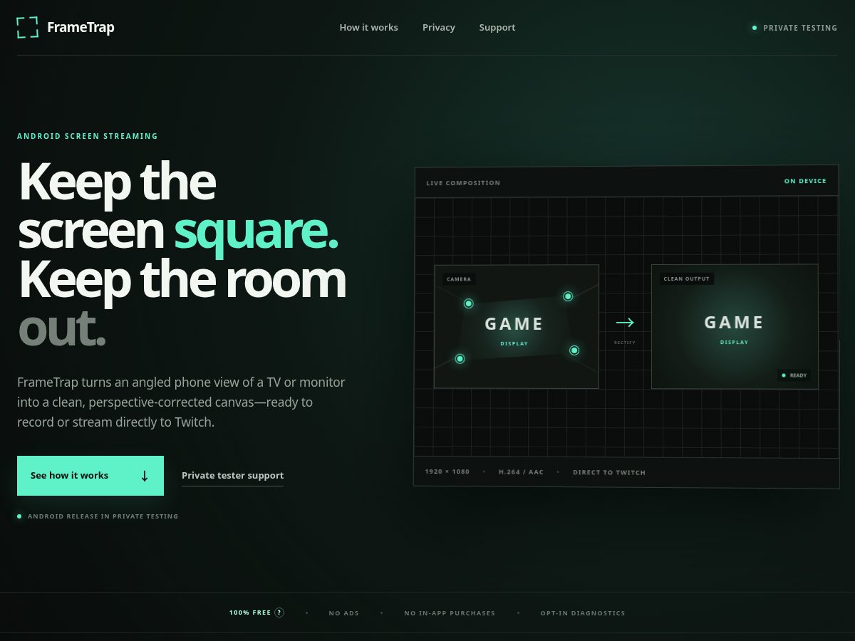 Landing-page snapshot of frametrap.app