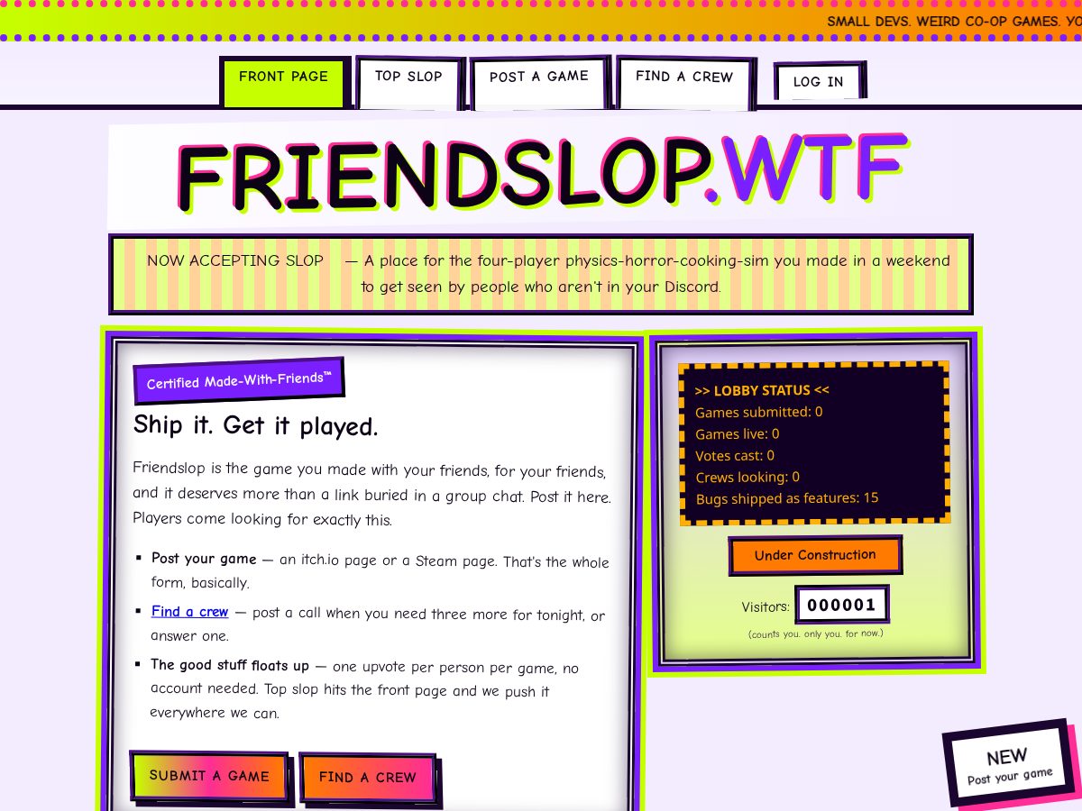 Landing-page snapshot of friendslop.wtf