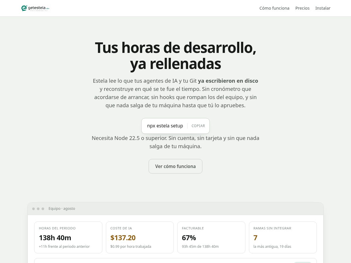 Landing-page snapshot of getestela.dev