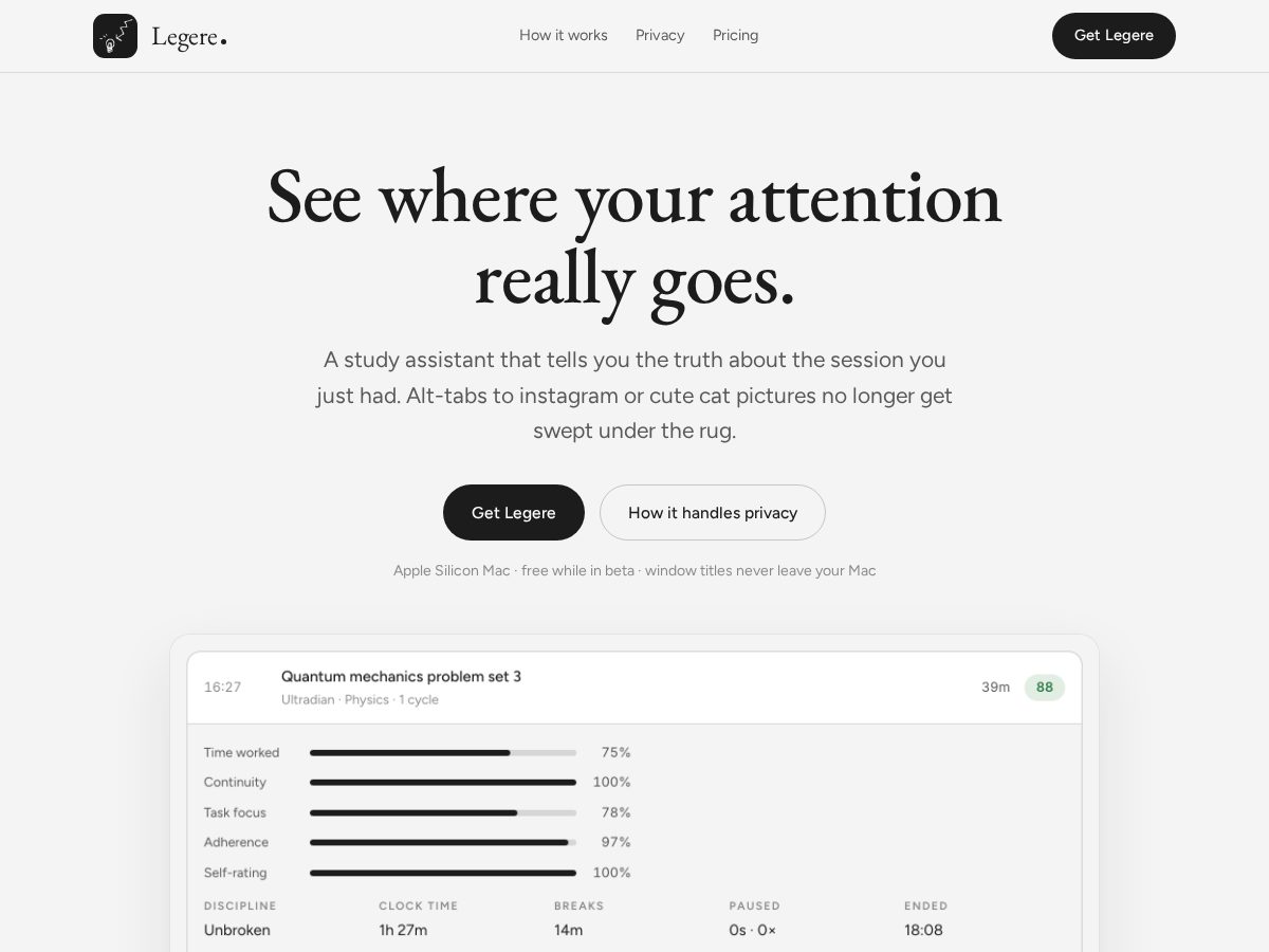 Landing-page snapshot of getlegere.com