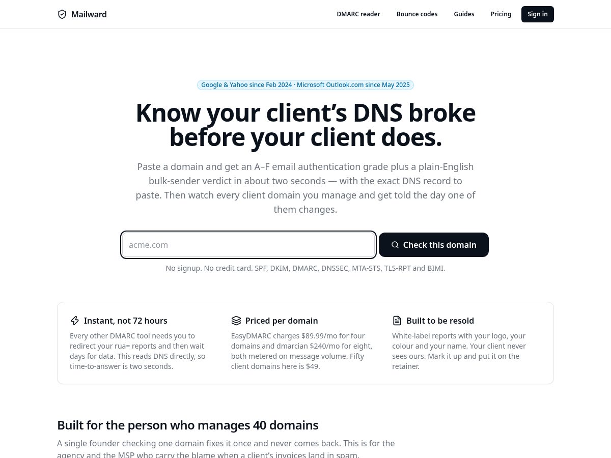 Landing-page snapshot of getmailward.com