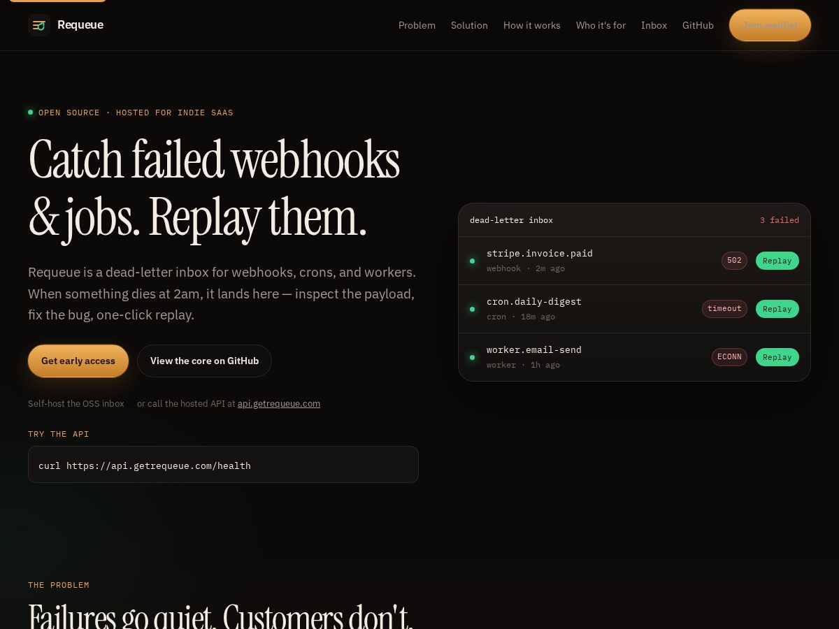 Landing-page snapshot of getrequeue.com