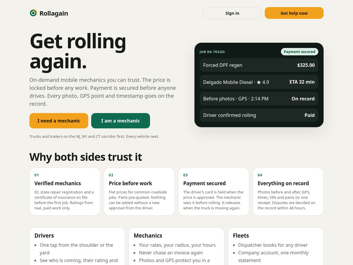 Landing-page snapshot of getrollagain.com