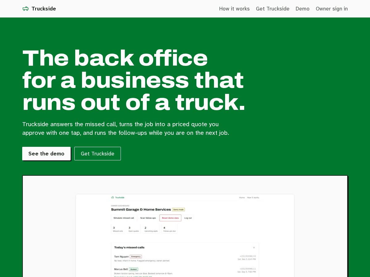 Landing-page snapshot of gettruckside.com