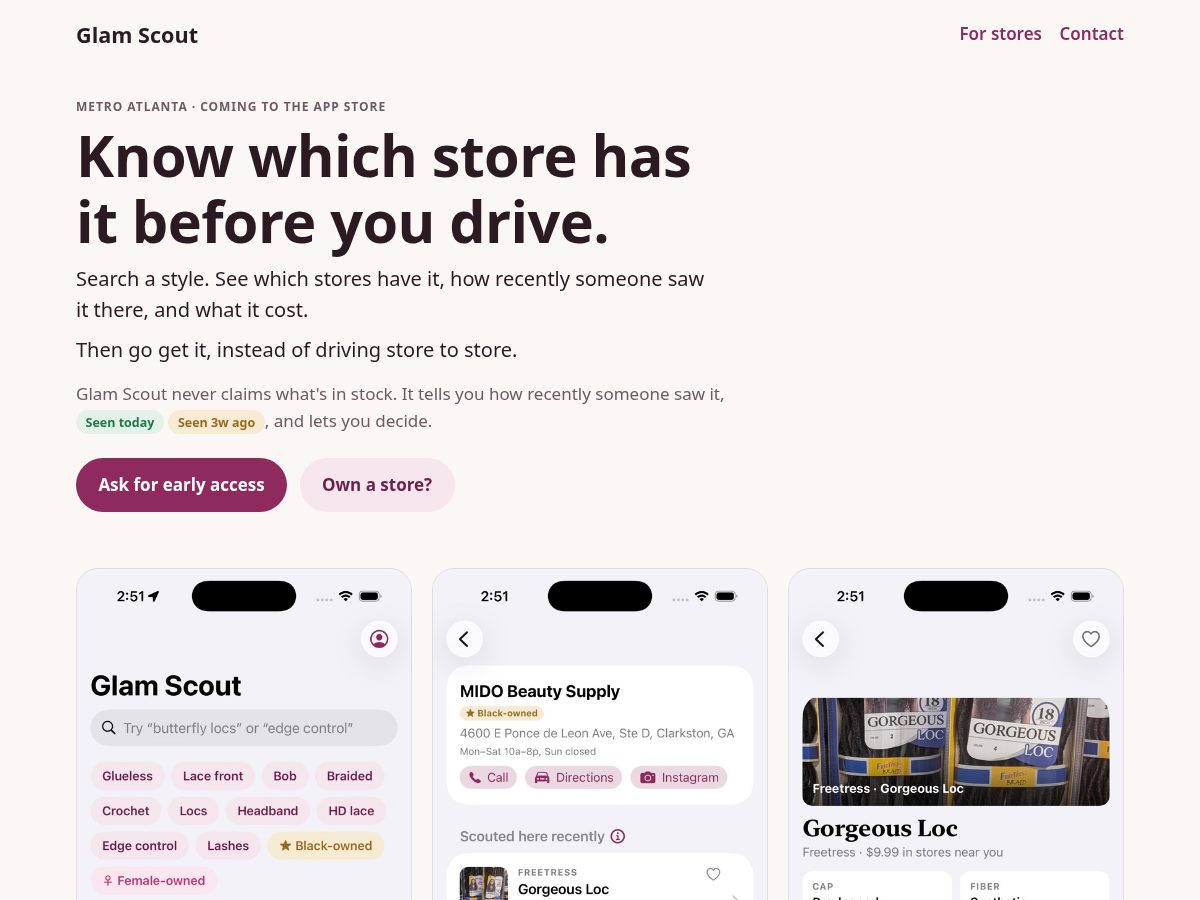 Landing-page snapshot of glamscoutapp.com