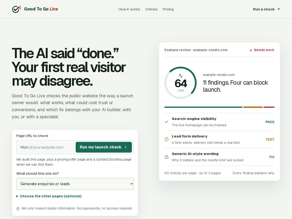 Landing-page snapshot of goodtogolive.com