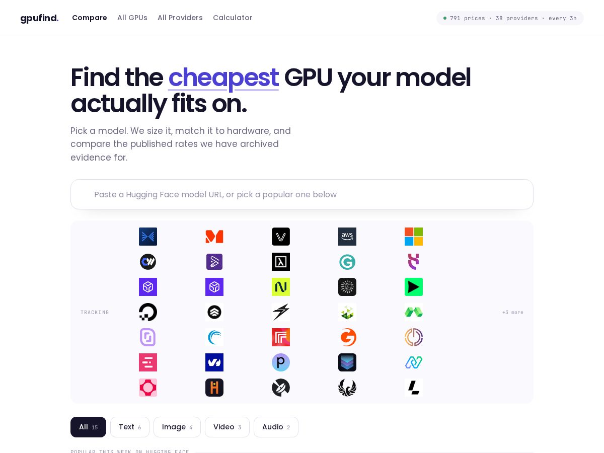 Landing-page snapshot of gpufind.cloud