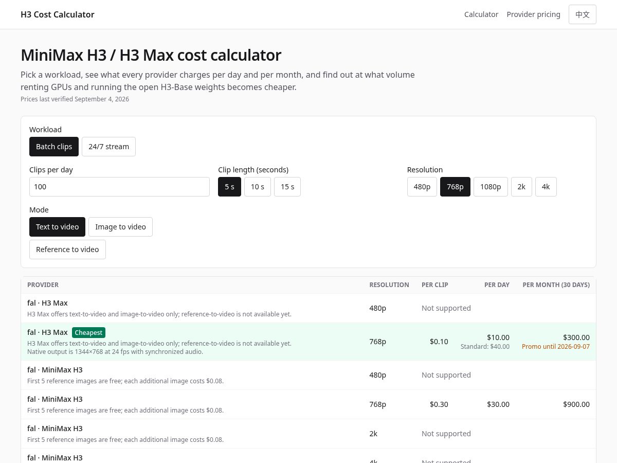 Landing-page snapshot of h3cost.com