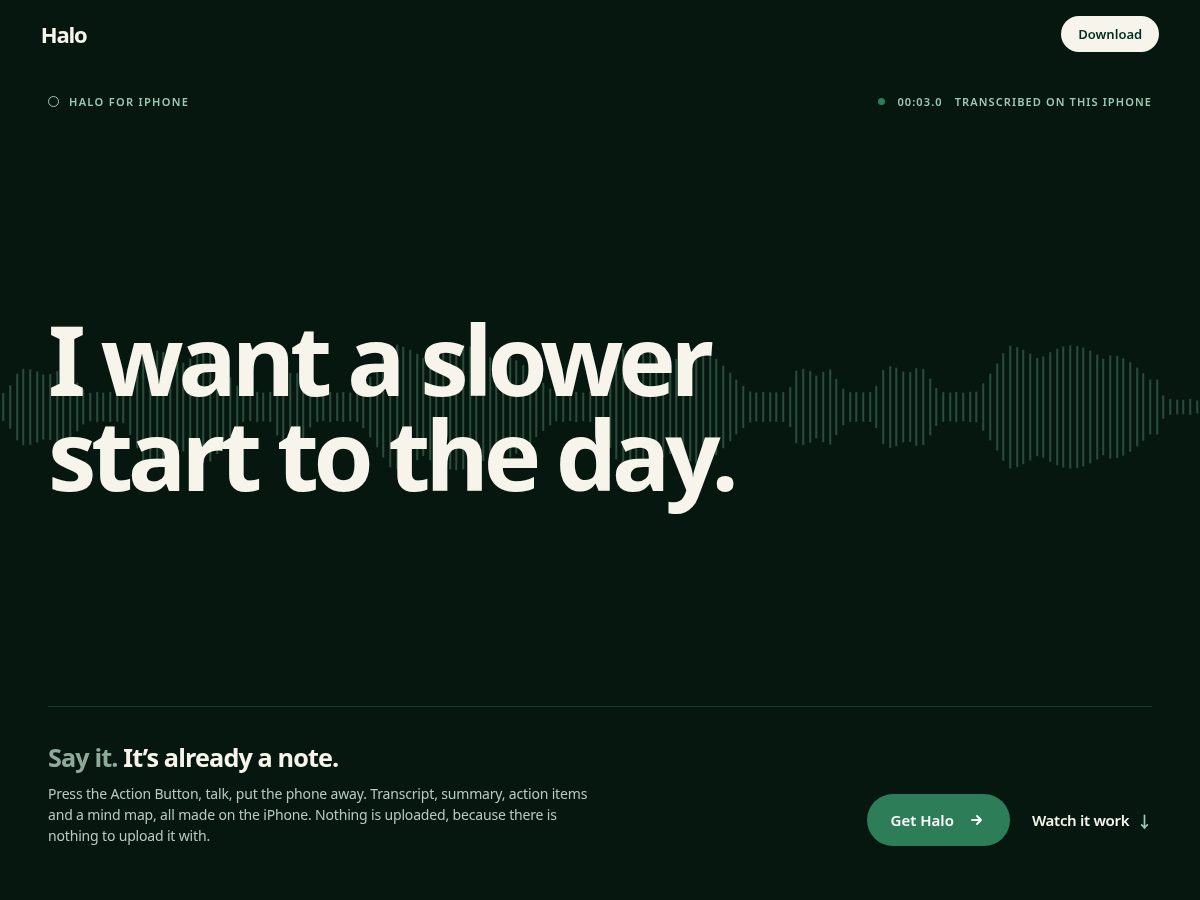 Landing-page snapshot of halonotes.app
