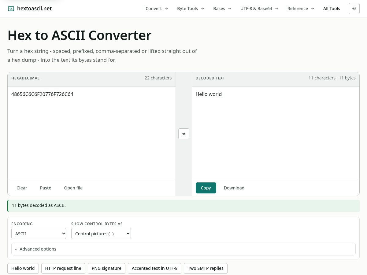 Landing-page snapshot of hextoascii.net