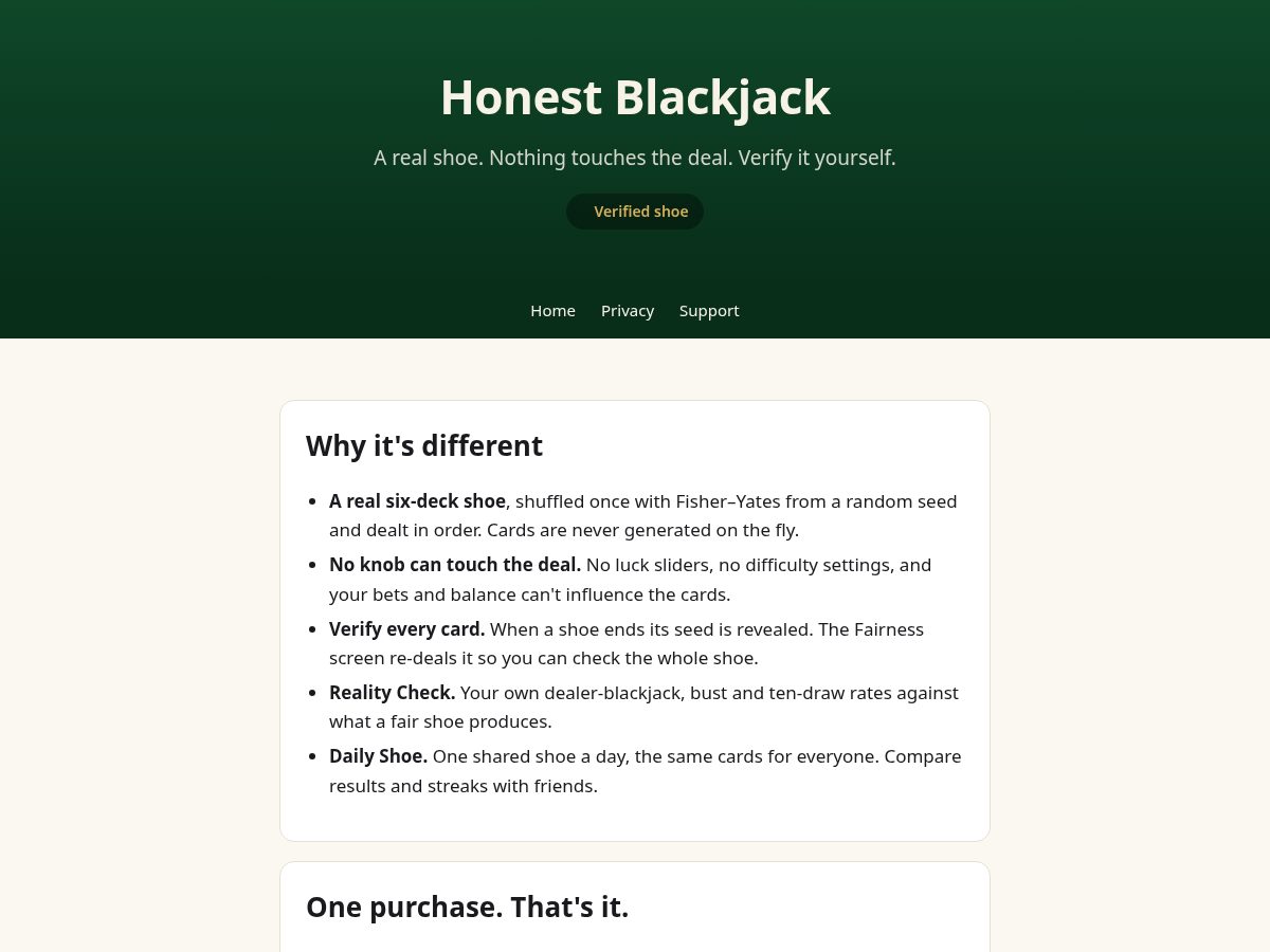 Landing-page snapshot of honestblackjack.app