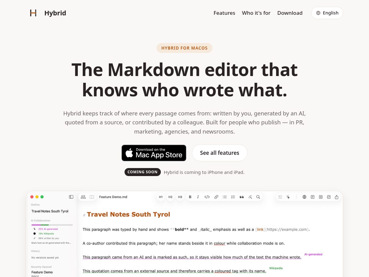 Landing-page snapshot of hybrid-editor.com