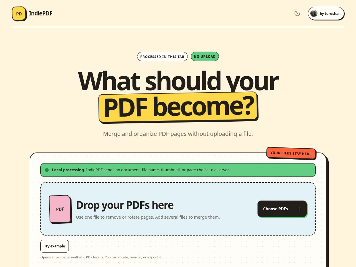 Landing-page snapshot of indiepdf.com
