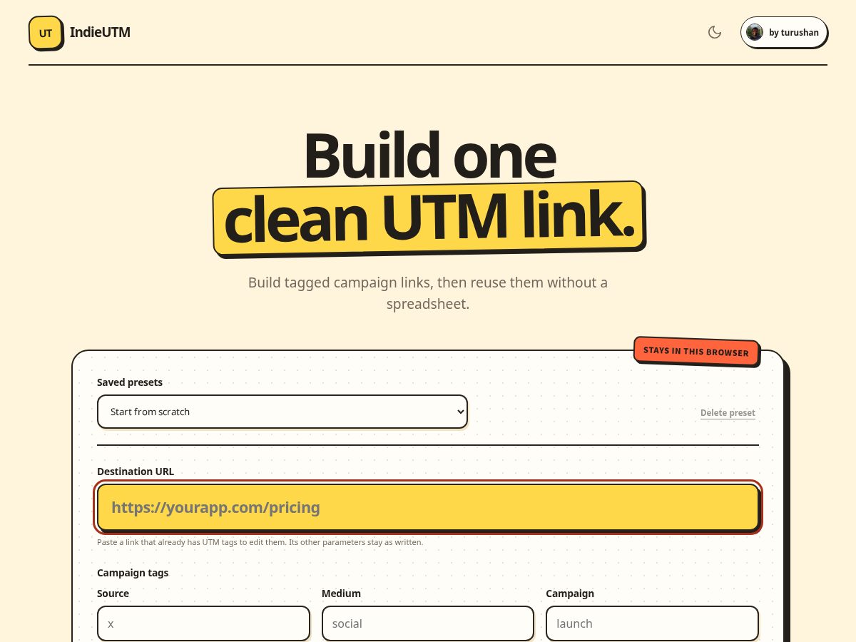 Landing-page snapshot of indieutm.com