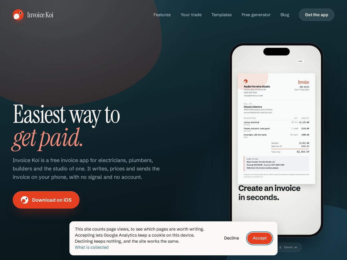 Landing-page snapshot of invoicekoi.com