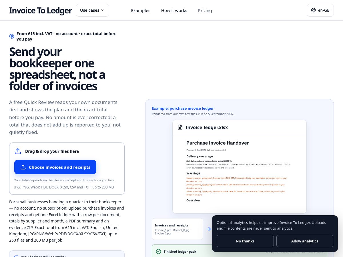 Landing-page snapshot of invoicetoledger.com