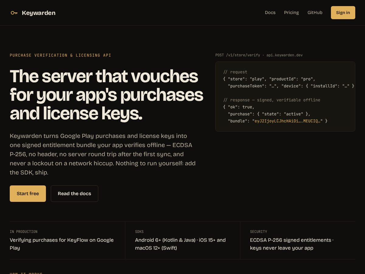 Landing-page snapshot of keywarden.dev