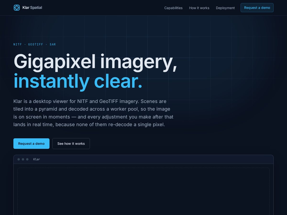 Landing-page snapshot of klarspatial.com