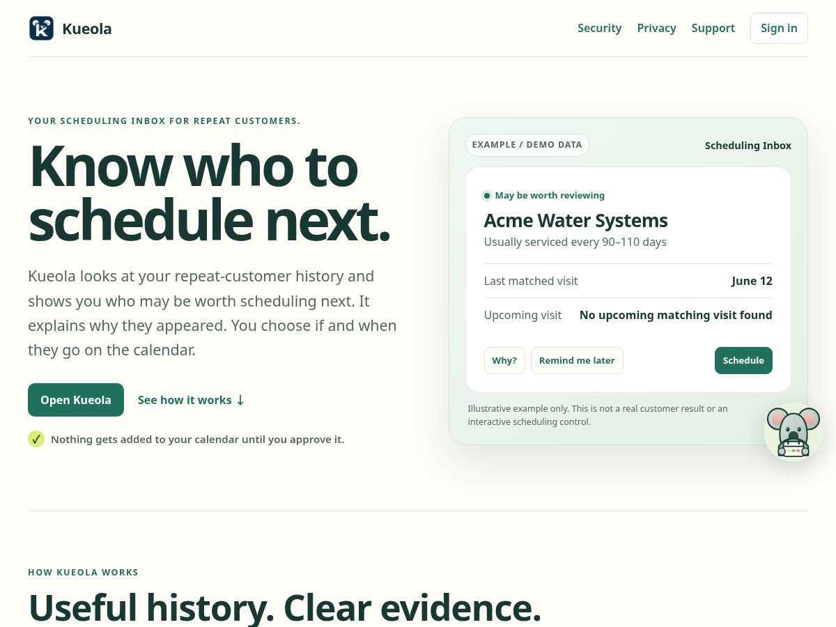Landing-page snapshot of kueola.com