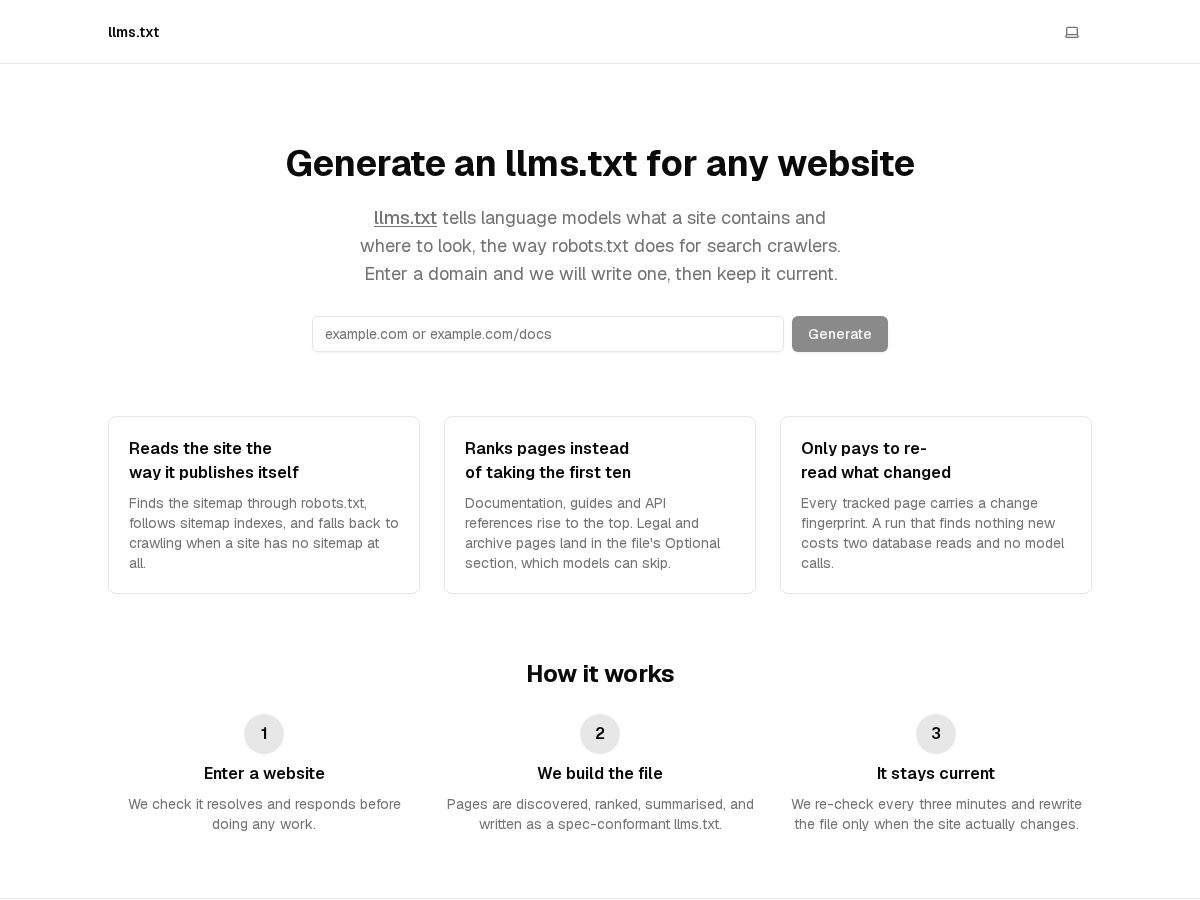 Landing-page snapshot of llms-txt.dev