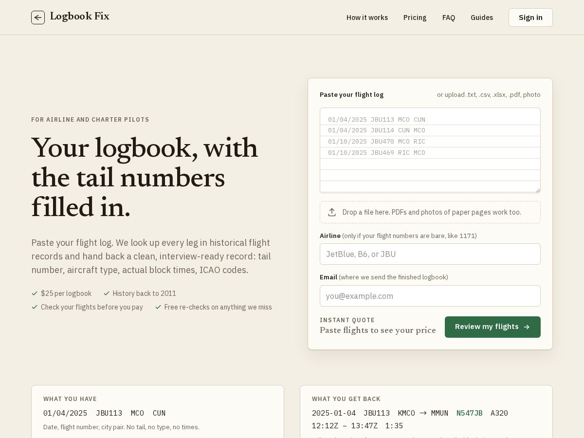 Landing-page snapshot of logbookfix.com