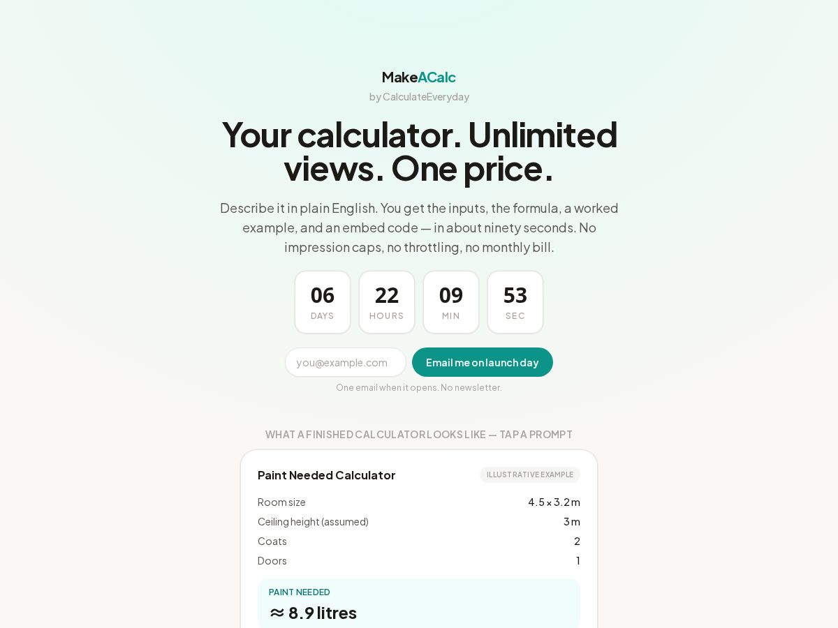 Landing-page snapshot of makeacalc.com