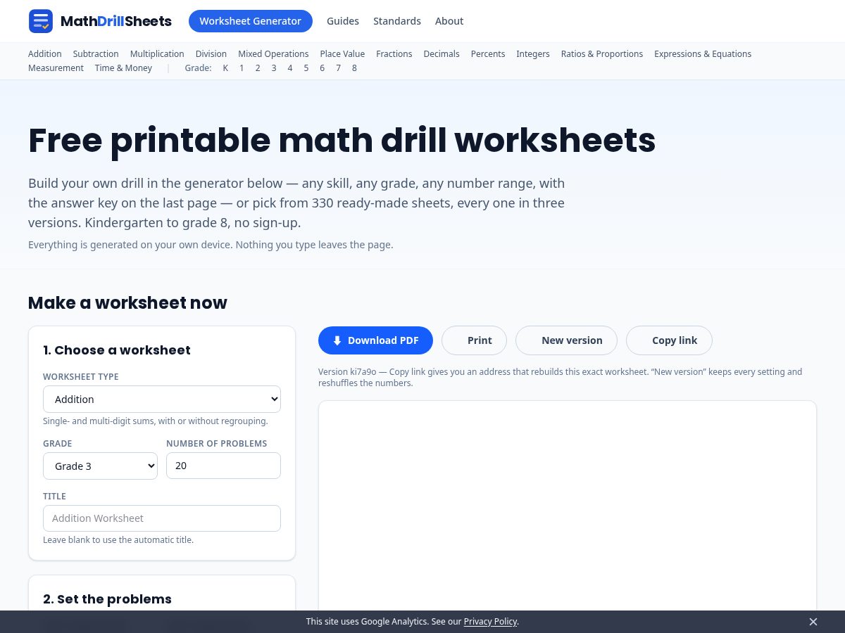 Landing-page snapshot of mathdrillsheets.com