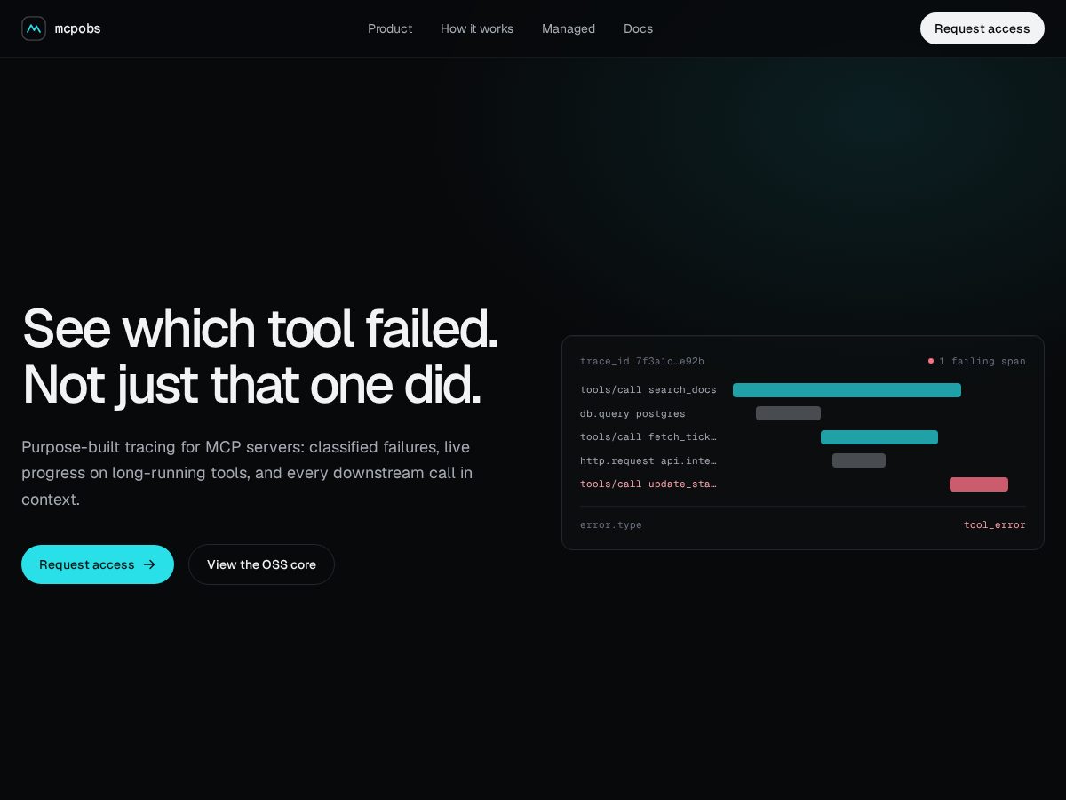 Landing-page snapshot of mcpobs.dev