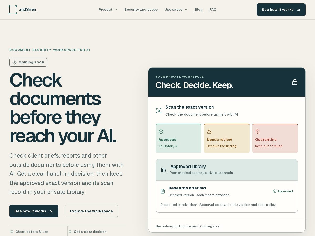 Landing-page snapshot of mdsiren.com