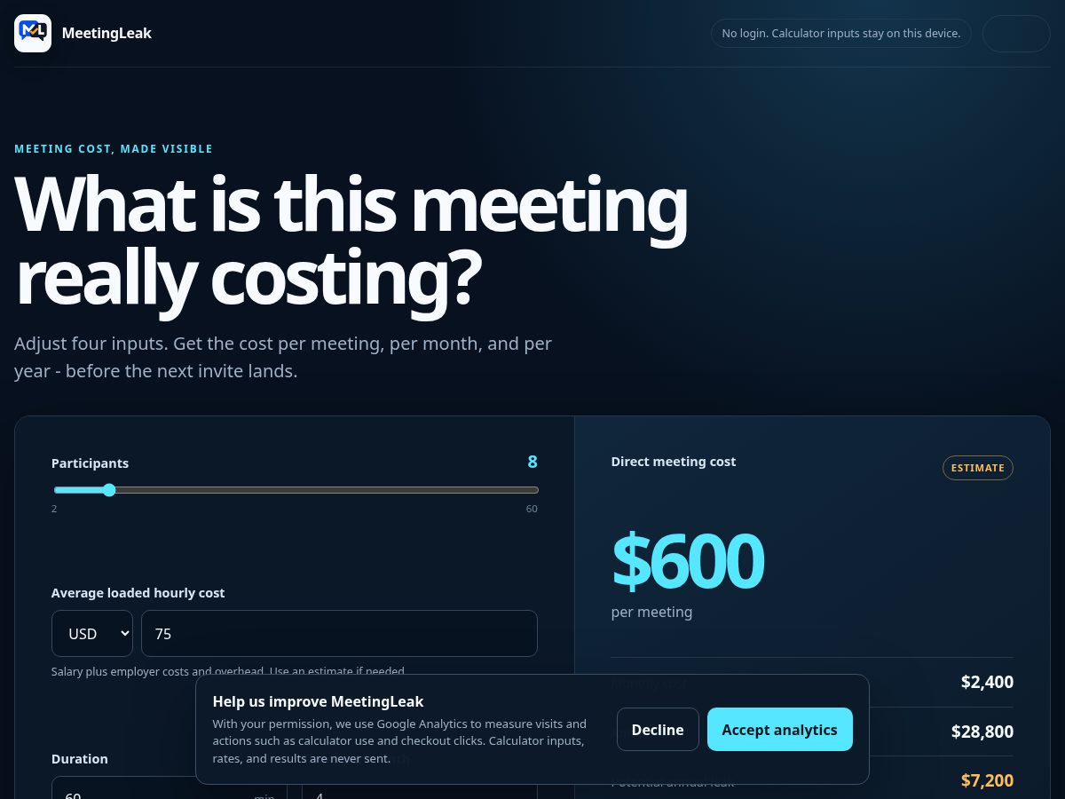 Landing-page snapshot of meetingleak.com