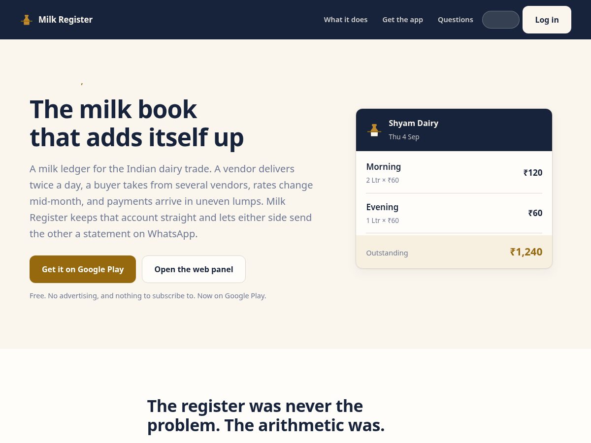 Landing-page snapshot of milkregister.com