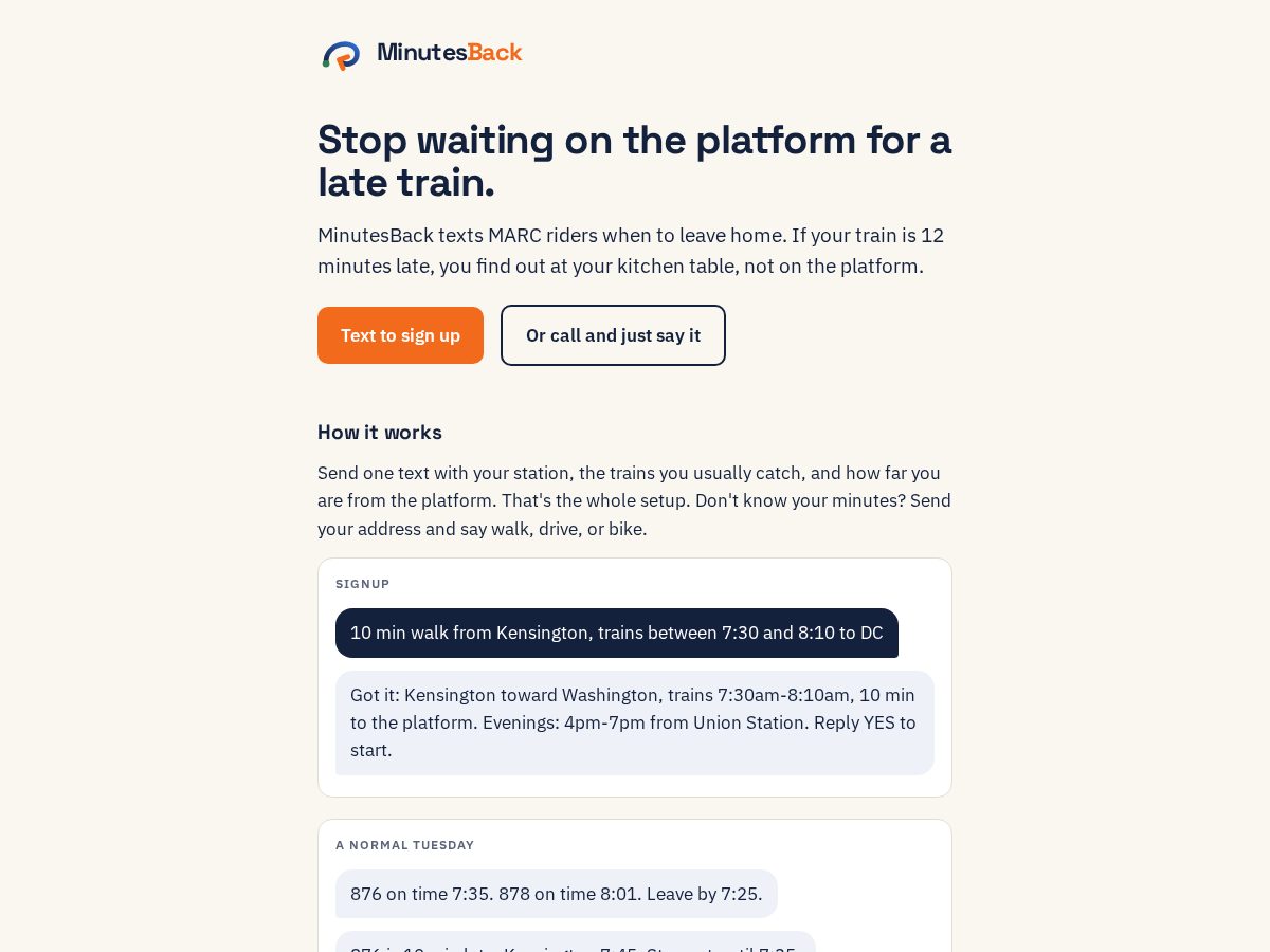 Landing-page snapshot of minutesback.com