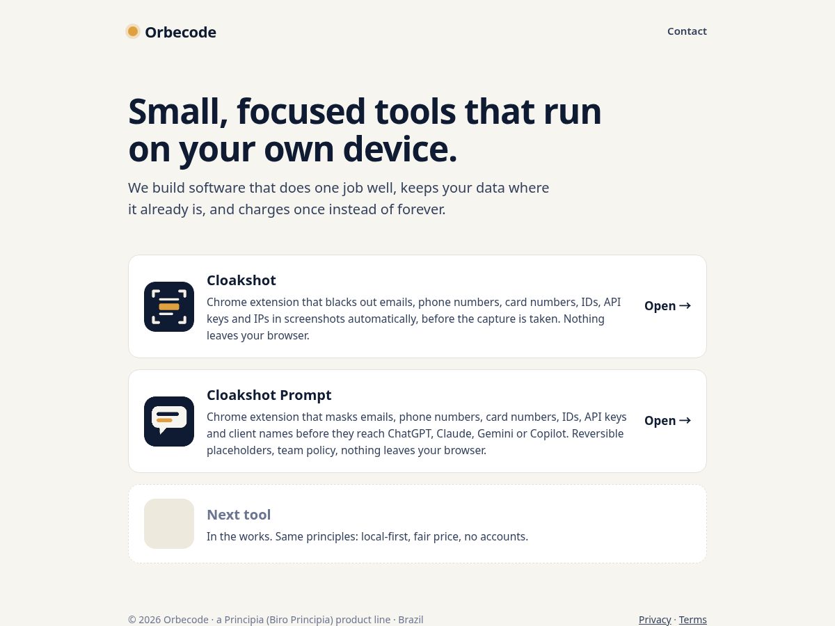 Landing-page snapshot of orbecode.com