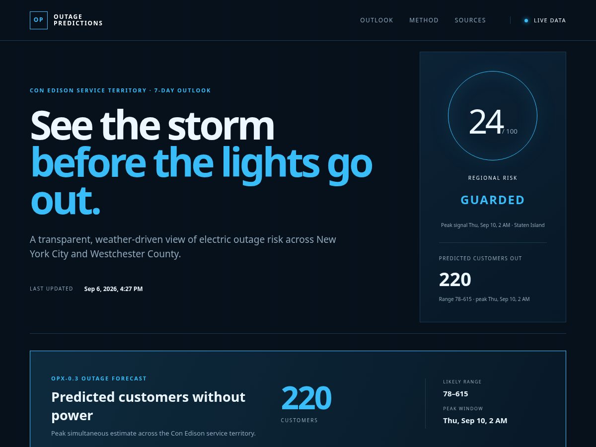 Landing-page snapshot of outagepredictions.com