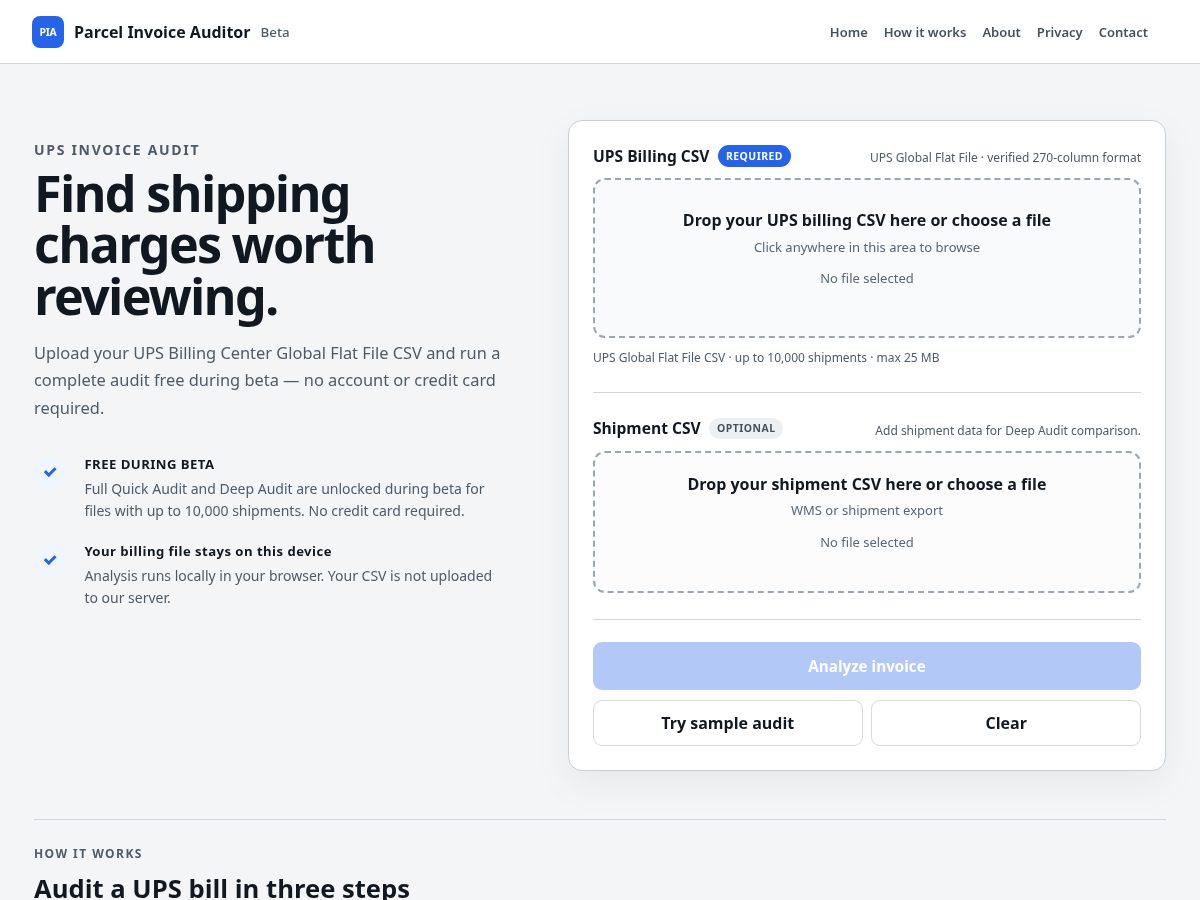 Landing-page snapshot of parcelinvoiceauditor.com