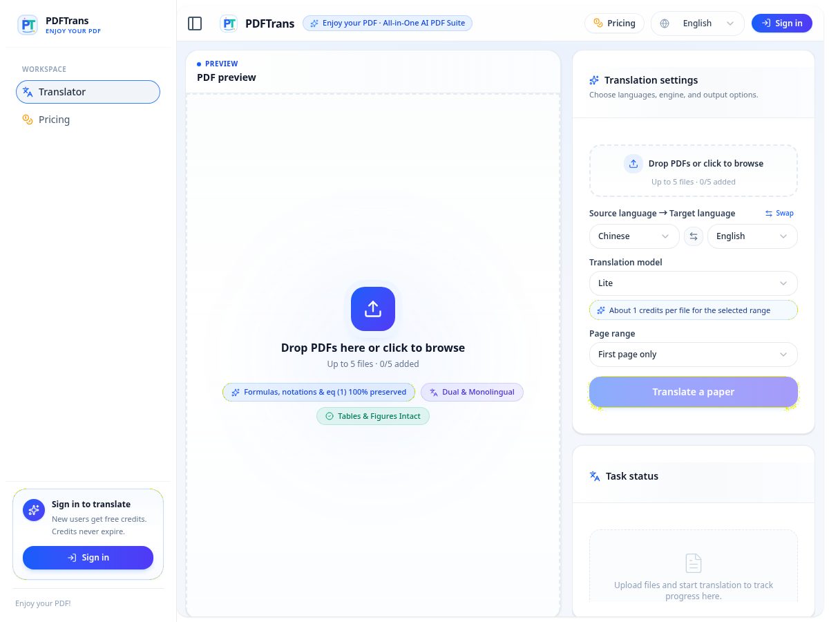 Landing-page snapshot of pdftrans.org