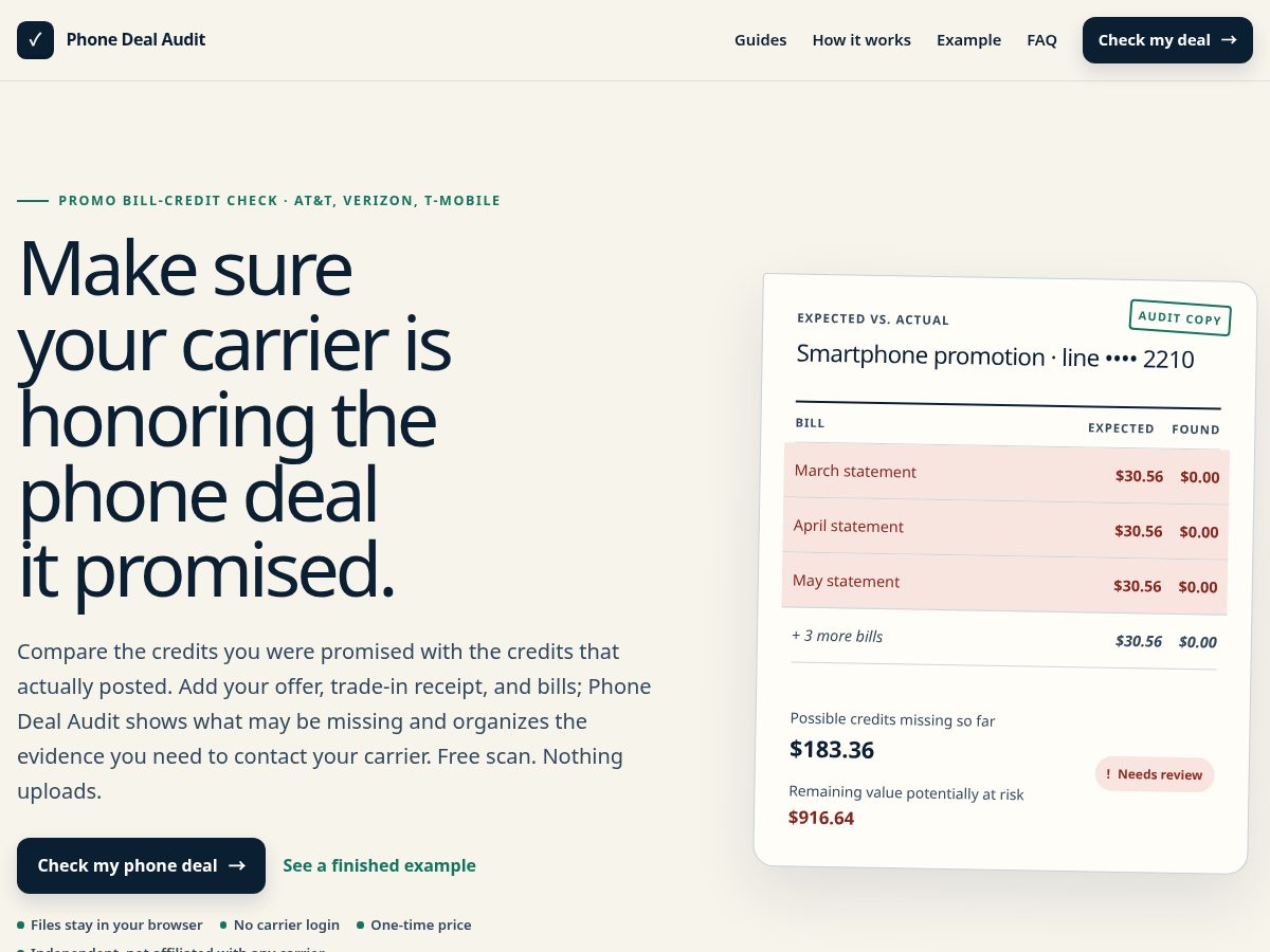 Landing-page snapshot of phonedealaudit.com