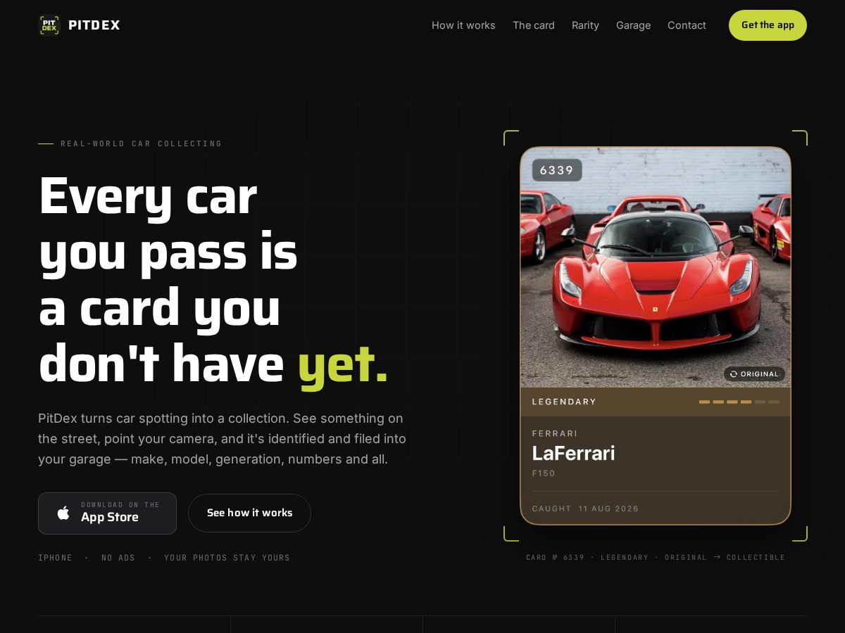 Landing-page snapshot of pitdexapp.com