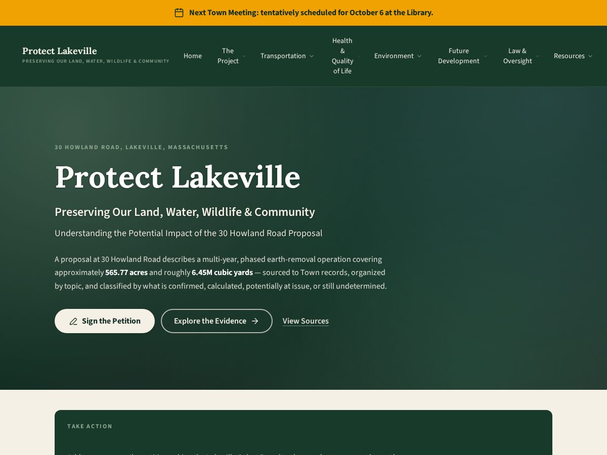 Landing-page snapshot of protectlakeville.org