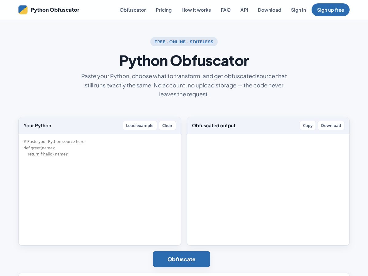 Landing-page snapshot of python-obfuscator.com