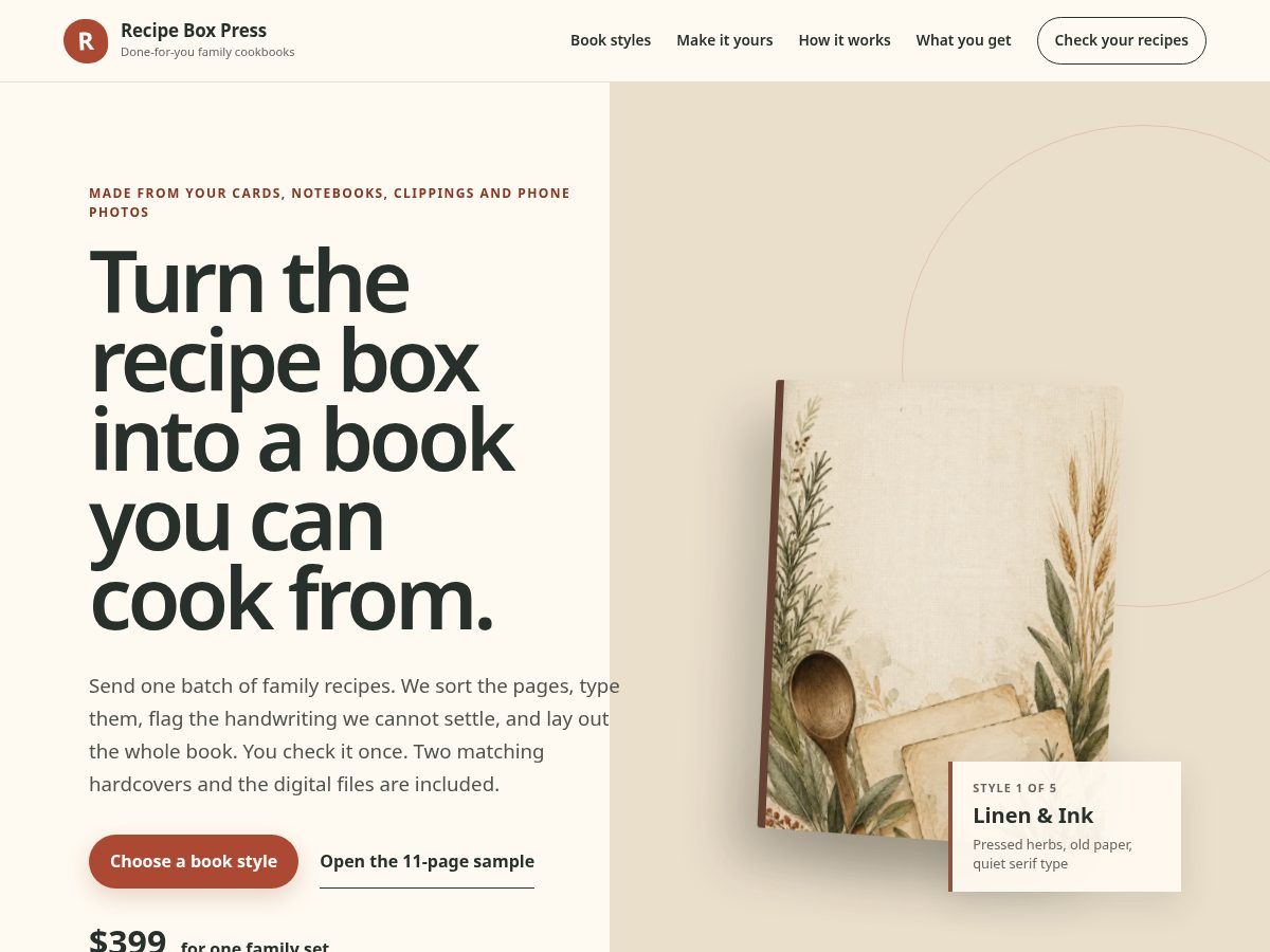 Landing-page snapshot of recipeboxpress.com